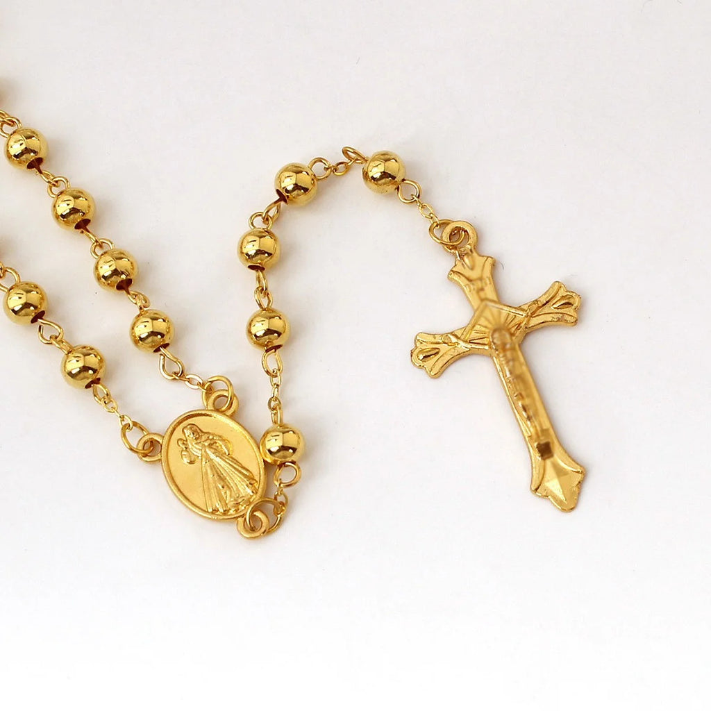 6MM imitation gold iron bead rosary necklace, high quality rosary necklace, beautiful cross pendant rose necklace,
