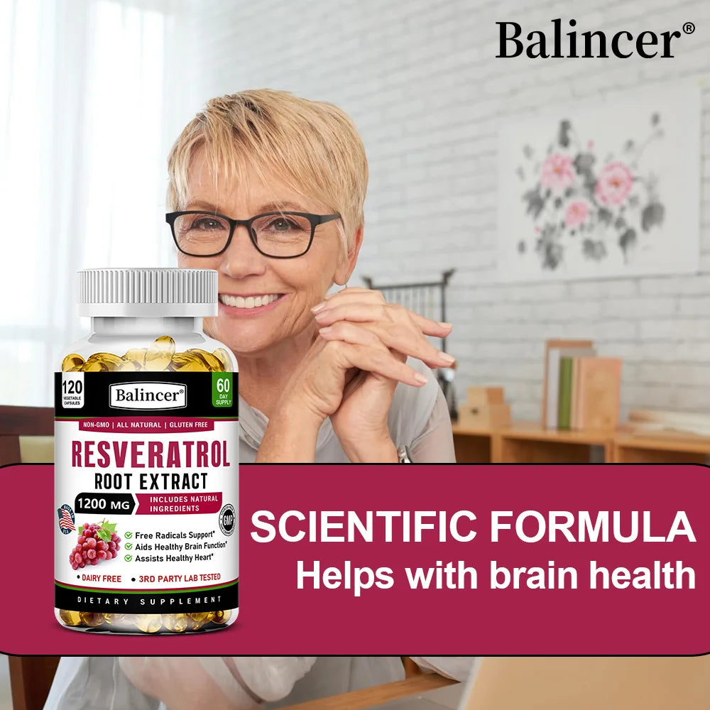 Resveratrol Root Extract Capsules - Antioxidant Anti-Aging, Brain & Heart Health, Skin Brightening & Immune Support, 120 Caps
