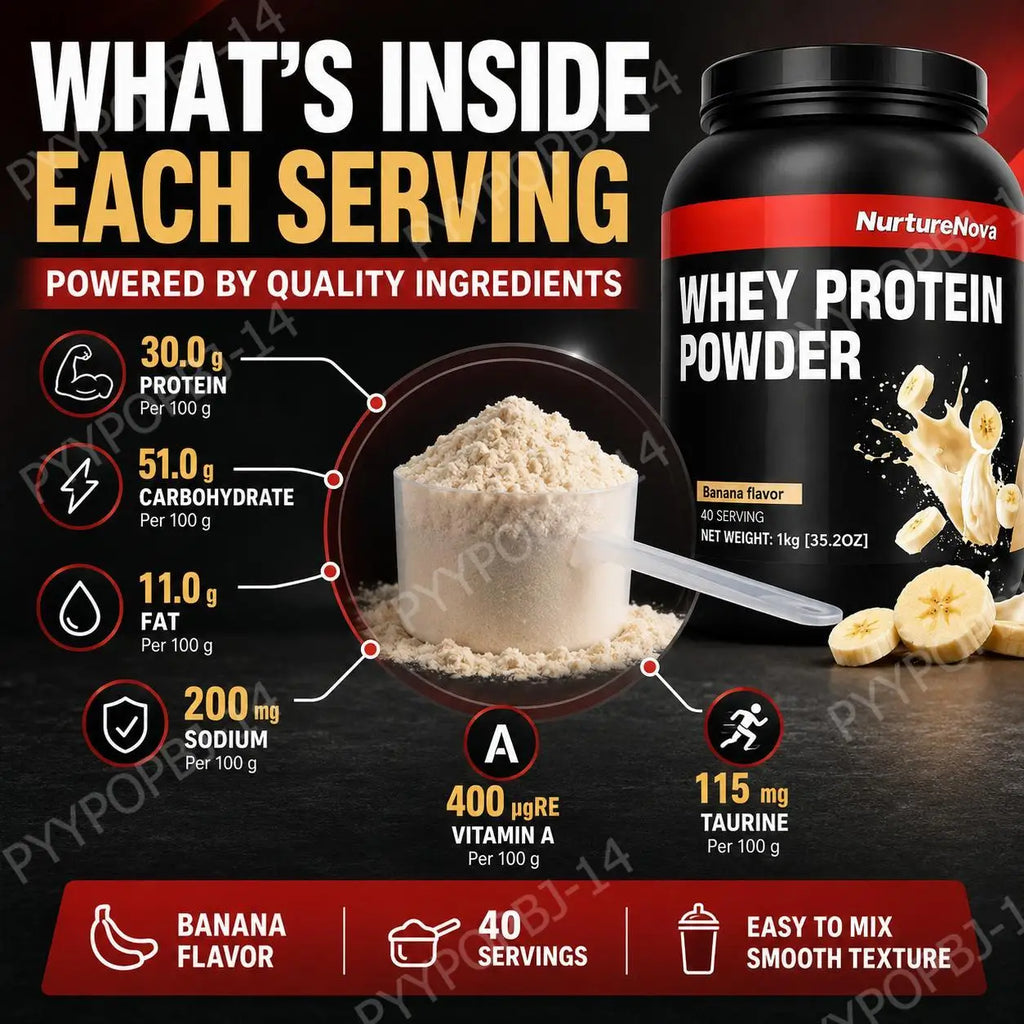 NurtureNova Whey Protein Powder with Taurine and Vitamins A D E C, Zinc, Banana Flavor, 30 G Protein Per Serving, 40 Servings