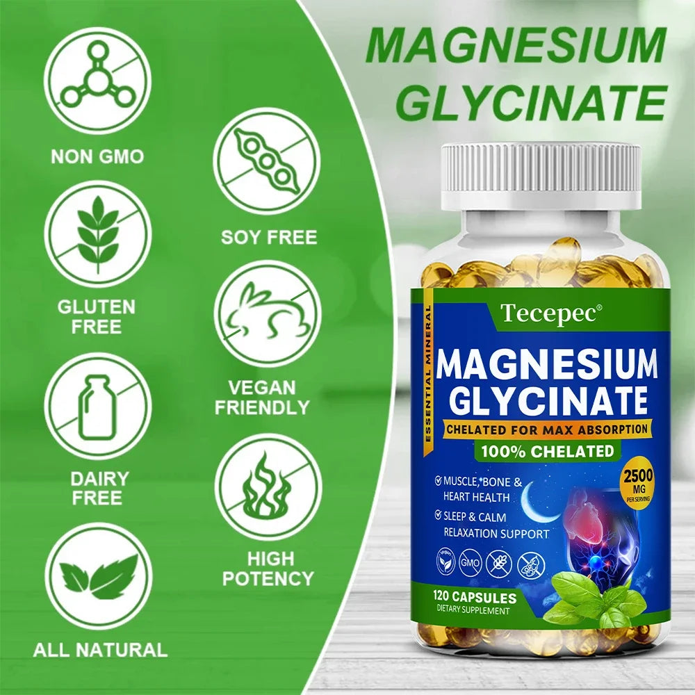 Magnesium Glycinate Supplement, Highly Absorbed, Supports Muscle Relaxation and Recovery, Maximum Bioavailability, 120 Capsules