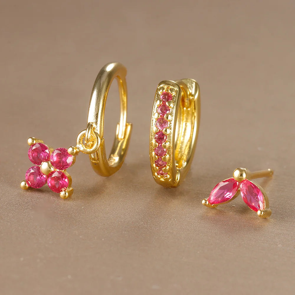 3PCS Trendy Stainless Steel Flower Drop Earring Set For Women Crystal Zirconia Dangle Earring Hypoallerg Piercing Jewelry aretes