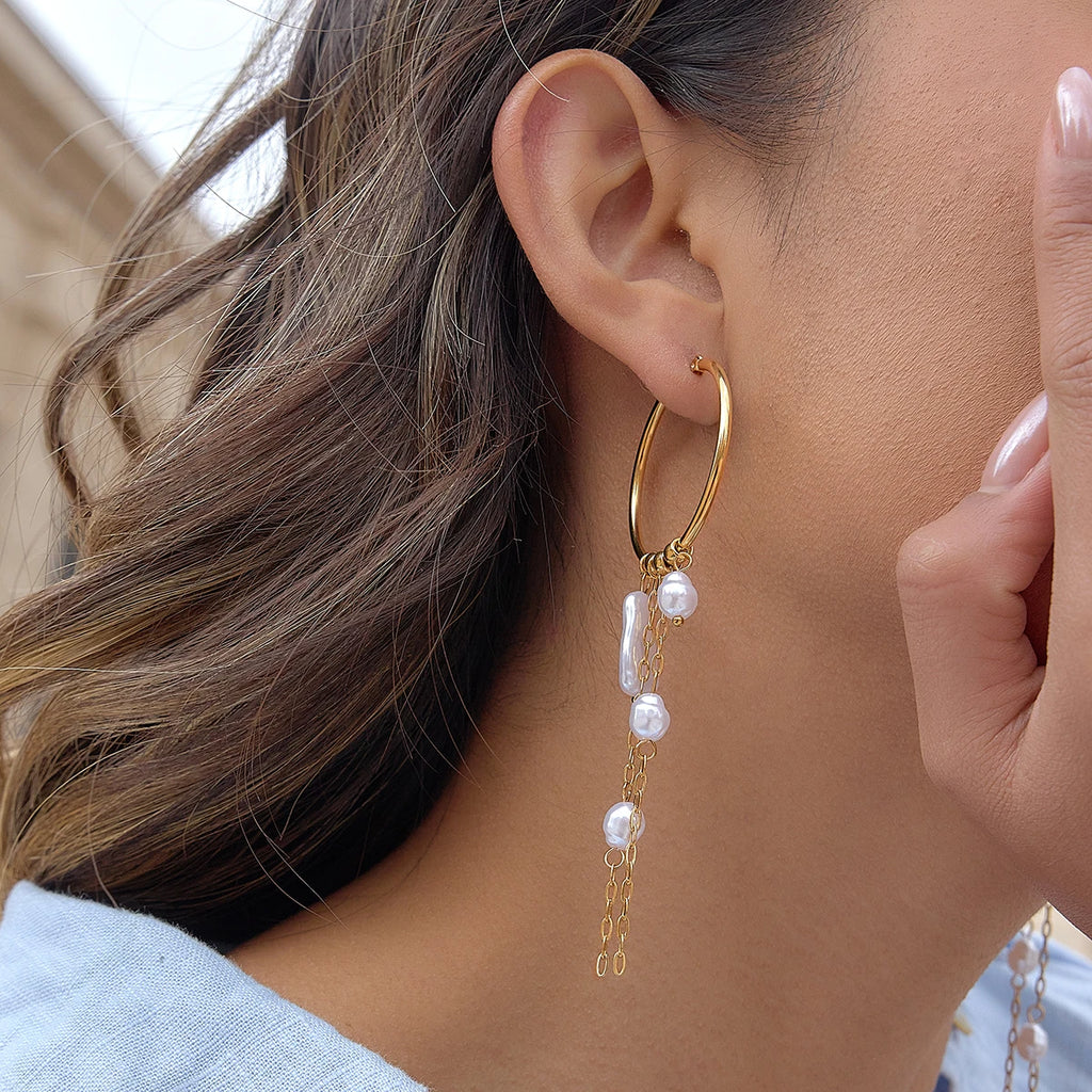 Youthway Elegant Imitation Baroque Pearl Long Tassel Earrings 18K Gold PVD Plated Stainless Steel Hoop Earrings Fashion Jewelry
