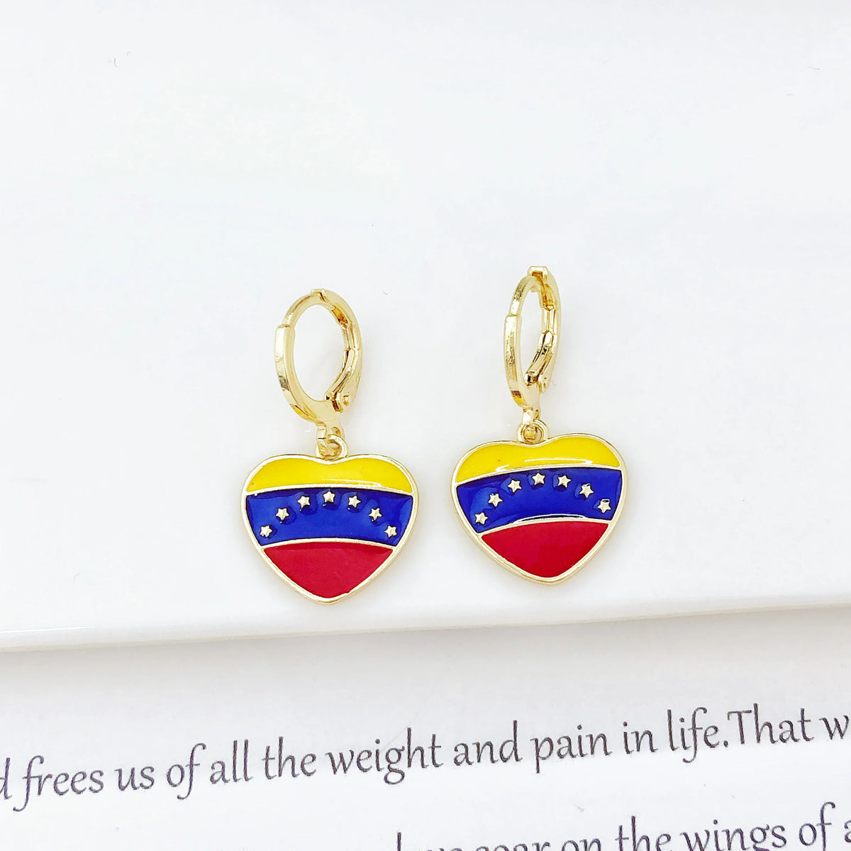 New Trendy Venezuela Country Flag Earrings Gold Plated Heart Guitar Parrot Drop Earrings for Women Daily Party Patriotic Gift