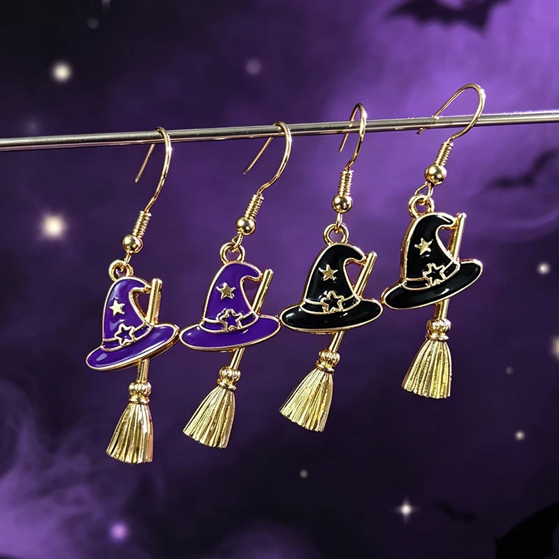 New Halloween Witch Hat Broom Metal Earrings Purple Black Star Witch Earrings Women's Thriller Party Role Playing Jewelry