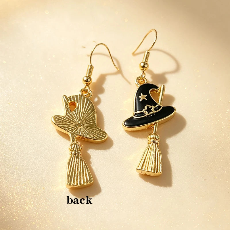 New Halloween Witch Hat Broom Metal Earrings Purple Black Star Witch Earrings Women's Thriller Party Role Playing Jewelry
