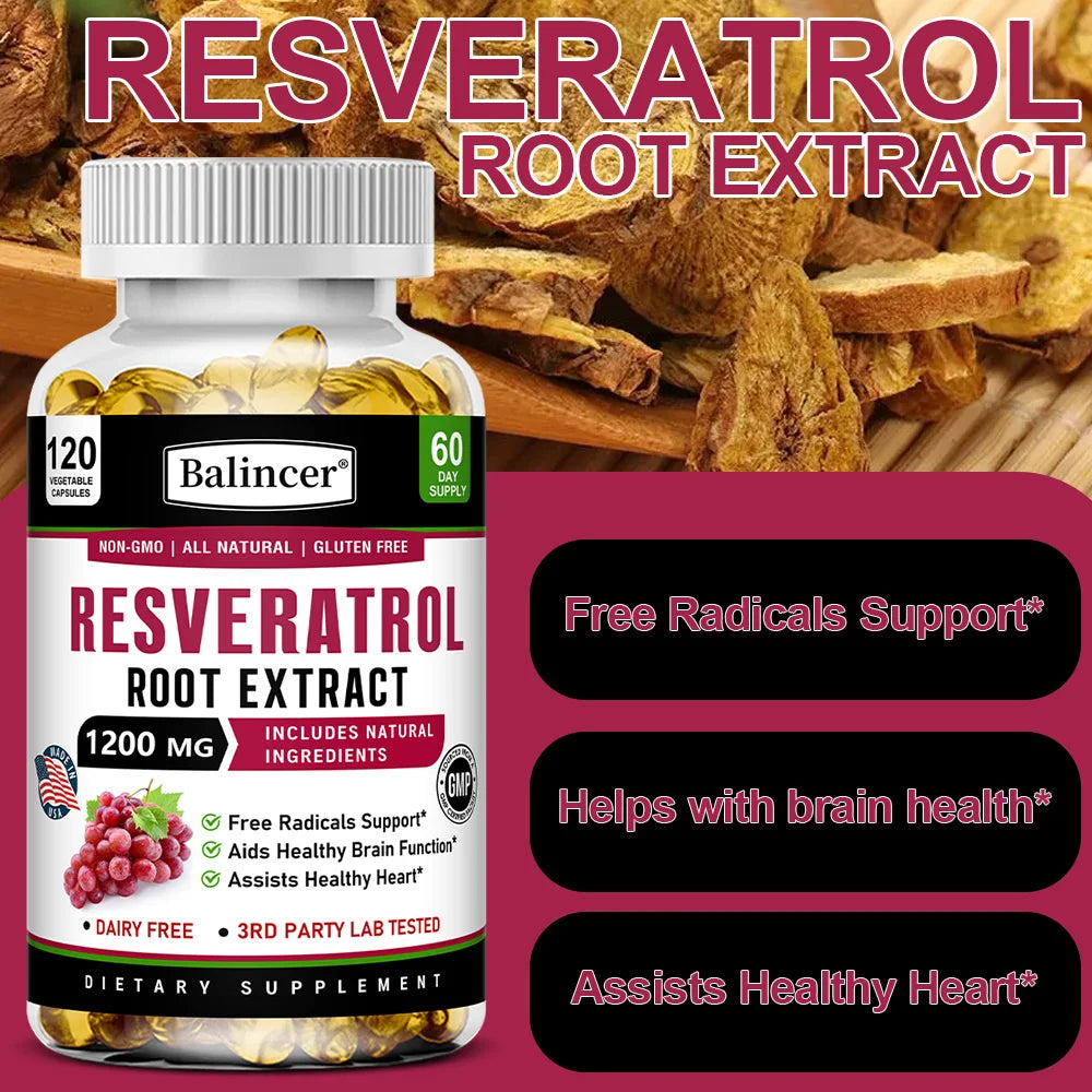 Resveratrol Root Extract Capsules - Antioxidant Anti-Aging, Brain & Heart Health, Skin Brightening & Immune Support, 120 Caps