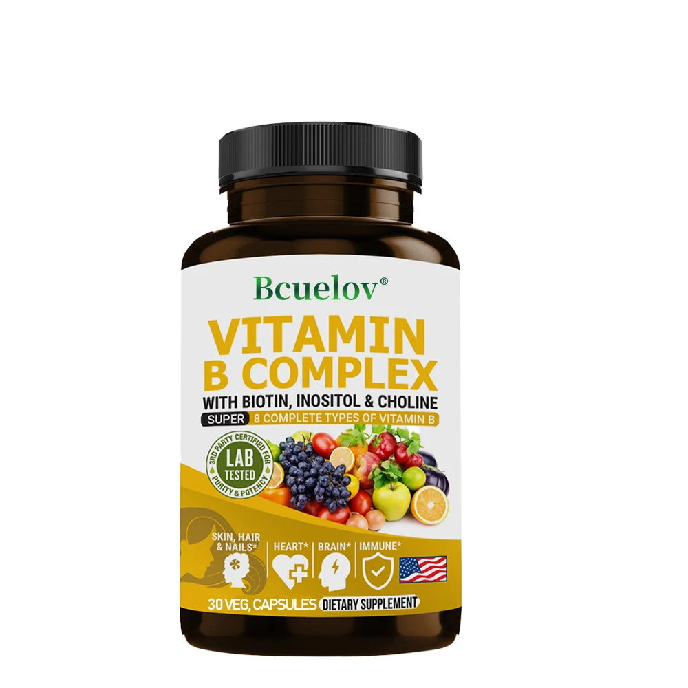 Vitamin B Complex - B1 B2 B3 B5 B6 B7 B9 B12 Biotin Choline Niacin - Brain, Skin, Hair, Nervous System, Immunity, Metabolism