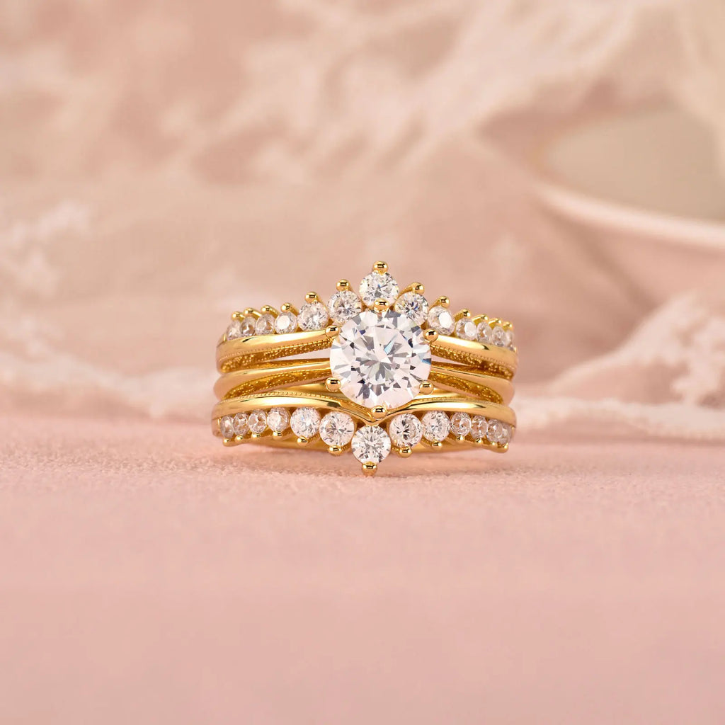 Newshe 14k Yellow Gold Plated Bridal Ring Set for Women 2Ct Round Cut AAAAA Zircon Wedding Engagement Anniversary Band BR1167_Y