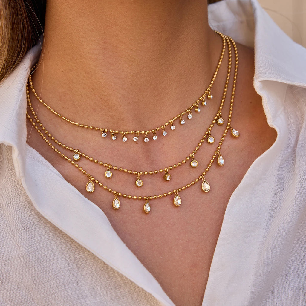 Uworld Simple Classic Round White Zircon Pendant Necklace 18K PVD Stainless Steel Gold Color Waterproof Stackable Chain Necklace