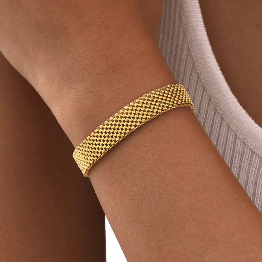 Women's Chunky Link Chain Mesh Bracelet, Stainless Steel Gold Plated Waterproof Jewelry
