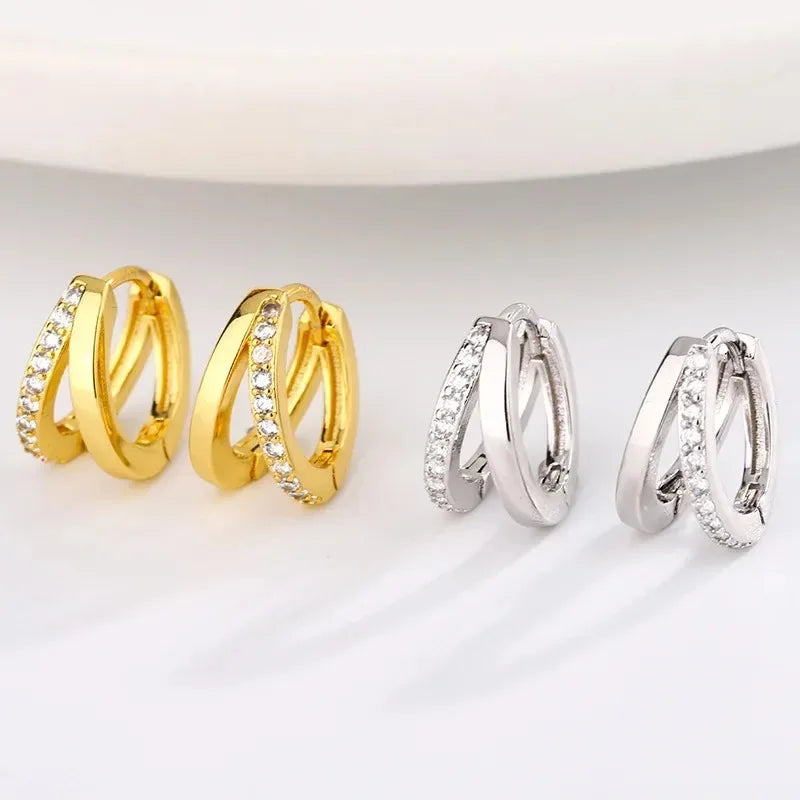 Stainless Steel Gold Color Circle Hoop Earrings for Women Simple Cubic Zircon Double Ring Earring Cartilage Piercing Jewelry