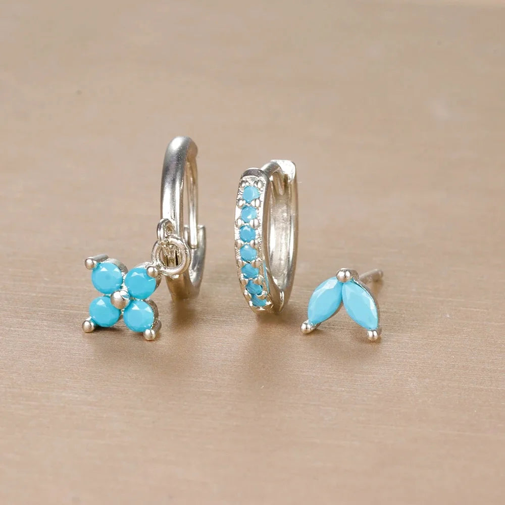 3PCS Trendy Stainless Steel Flower Drop Earring Set For Women Crystal Zirconia Dangle Earring Hypoallerg Piercing Jewelry aretes