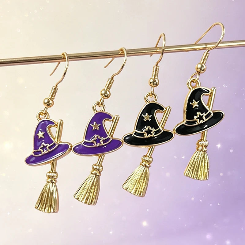 New Halloween Witch Hat Broom Metal Earrings Purple Black Star Witch Earrings Women's Thriller Party Role Playing Jewelry