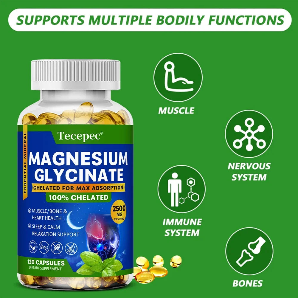 Magnesium Glycinate Supplement, Highly Absorbed, Supports Muscle Relaxation and Recovery, Maximum Bioavailability, 120 Capsules