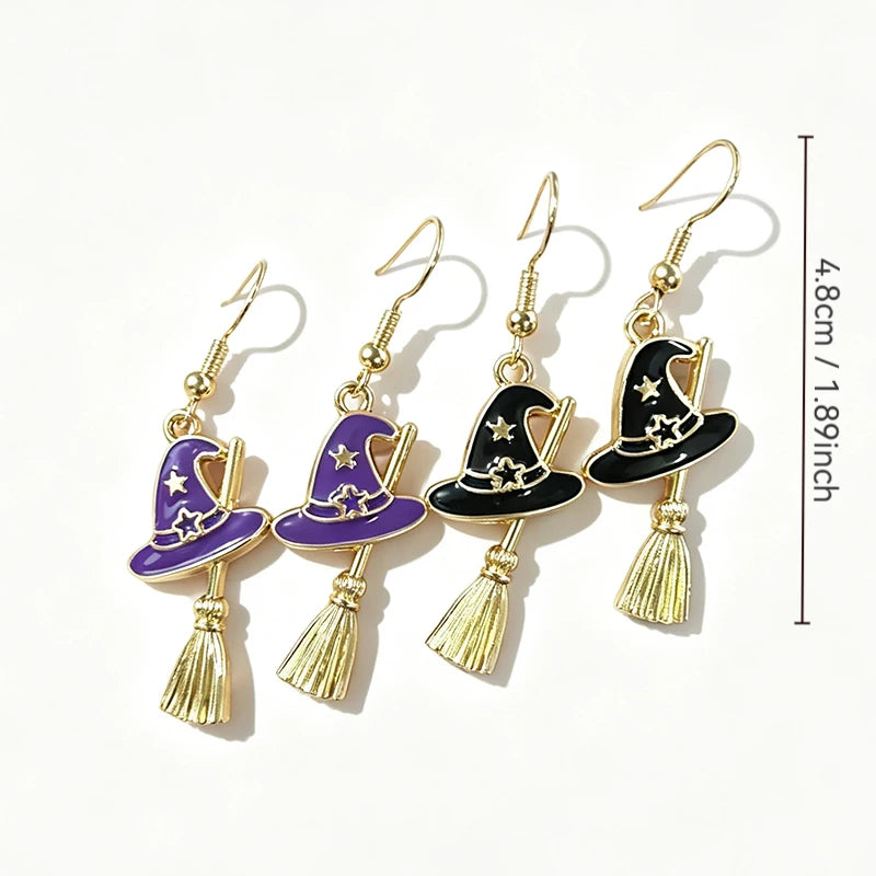 New Halloween Witch Hat Broom Metal Earrings Purple Black Star Witch Earrings Women's Thriller Party Role Playing Jewelry