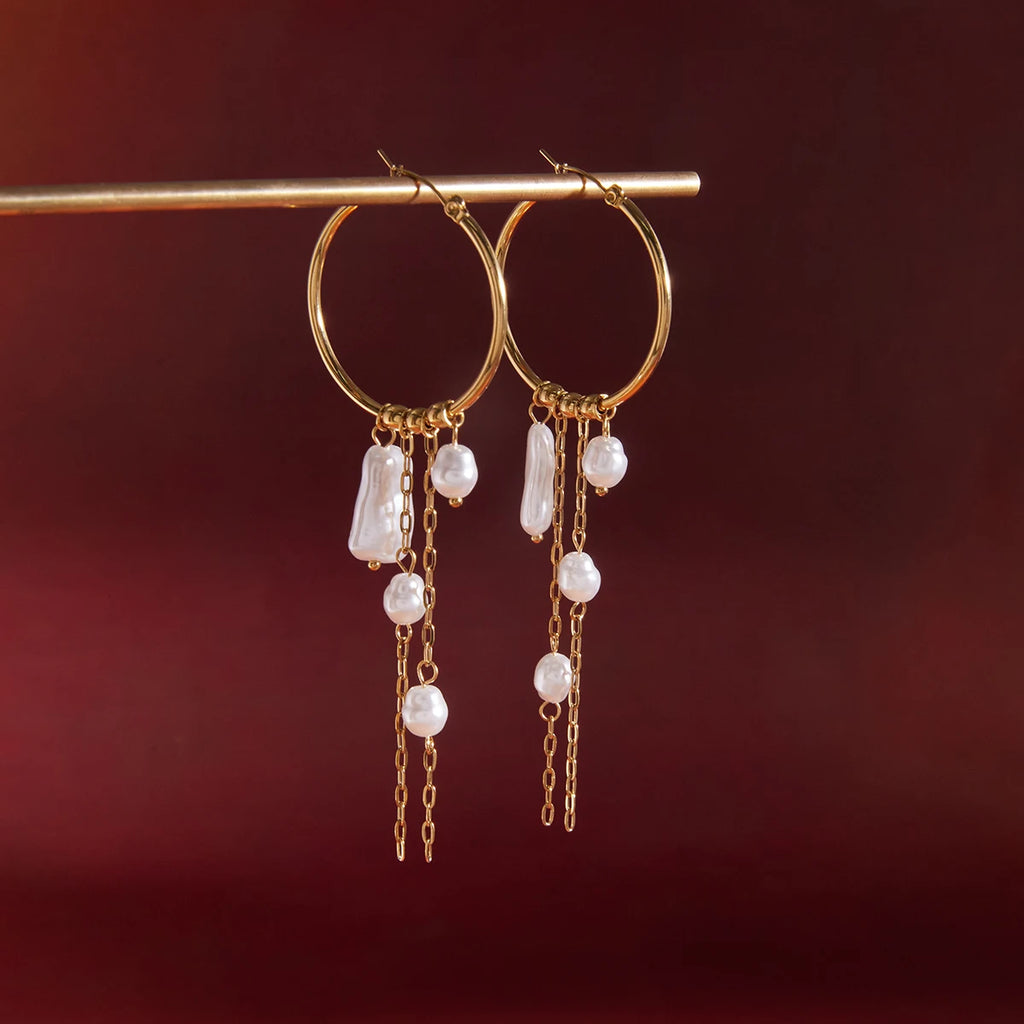 Youthway Elegant Imitation Baroque Pearl Long Tassel Earrings 18K Gold PVD Plated Stainless Steel Hoop Earrings Fashion Jewelry
