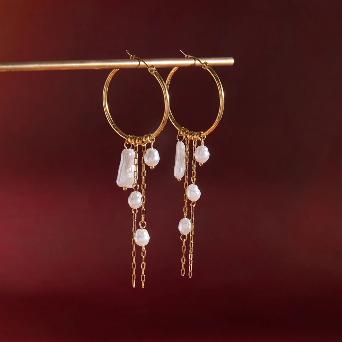 Youthway Elegant Imitation Baroque Pearl Long Tassel Earrings 18K Gold PVD Plated Stainless Steel Hoop Earrings Fashion Jewelry