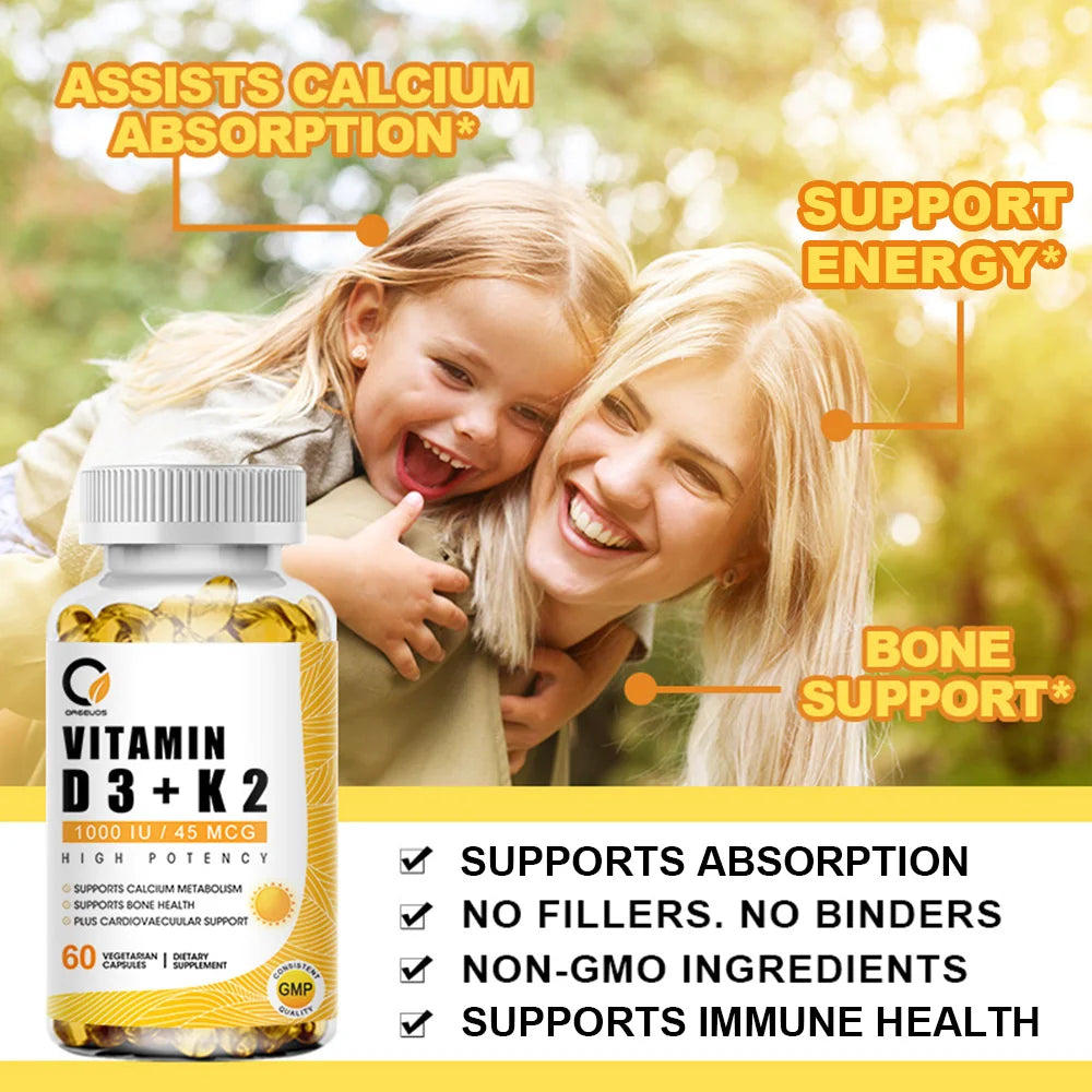 Vitamin D3 K2 Capsules Daily Supplement Healthy Immune System Heart and Bones Multi Diet Supplement for Adults