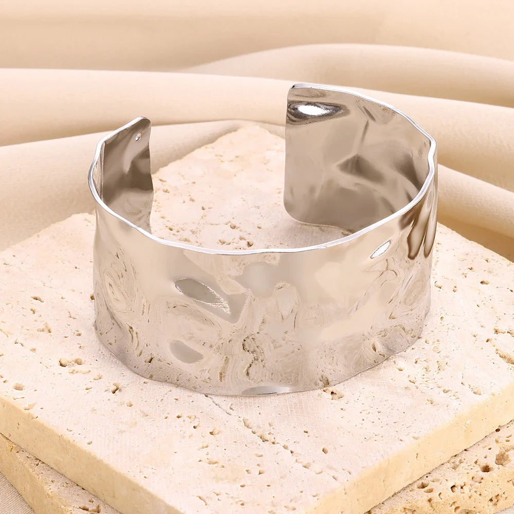 Stainless Steel Wide Bangles for Women Luxury Gold Color Chunky Flower Cuff Bangle Bracelet femme Vintage Wedding Jewelry Gifts