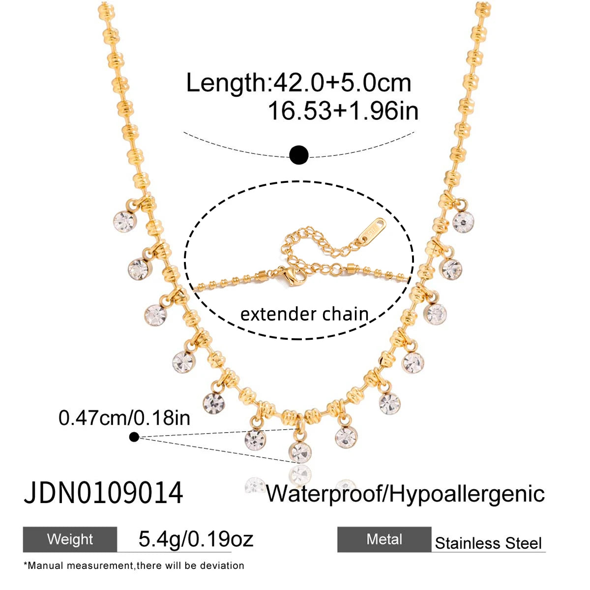 Uworld Simple Classic Round White Zircon Pendant Necklace 18K PVD Stainless Steel Gold Color Waterproof Stackable Chain Necklace