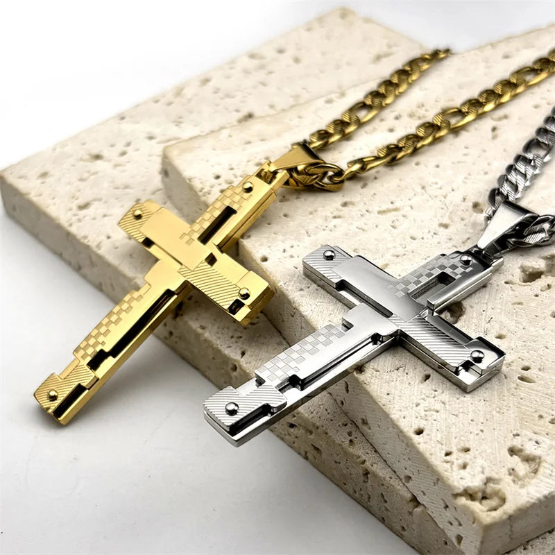 Stainless Steel Jesus Cross Pendant Necklace For Men Women Gold Silver Color Punk Trendy Male Chain Boyfriend's Gift Jewelry
